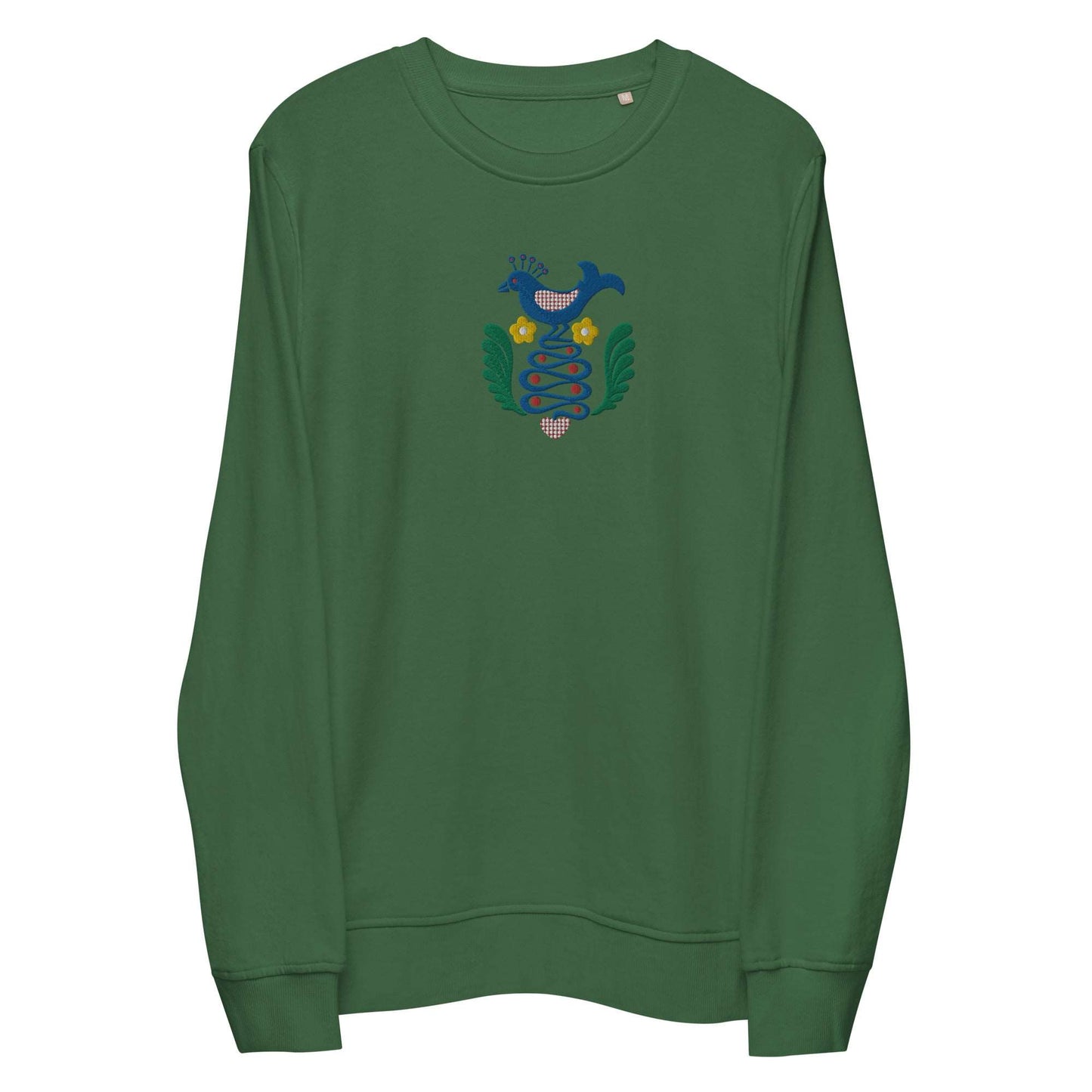 Folk Birds 1.1 - Unisex organic sweatshirt with large chest embroidery - Long Sleeve- Print N Stuff - [designed in Turku FInland]