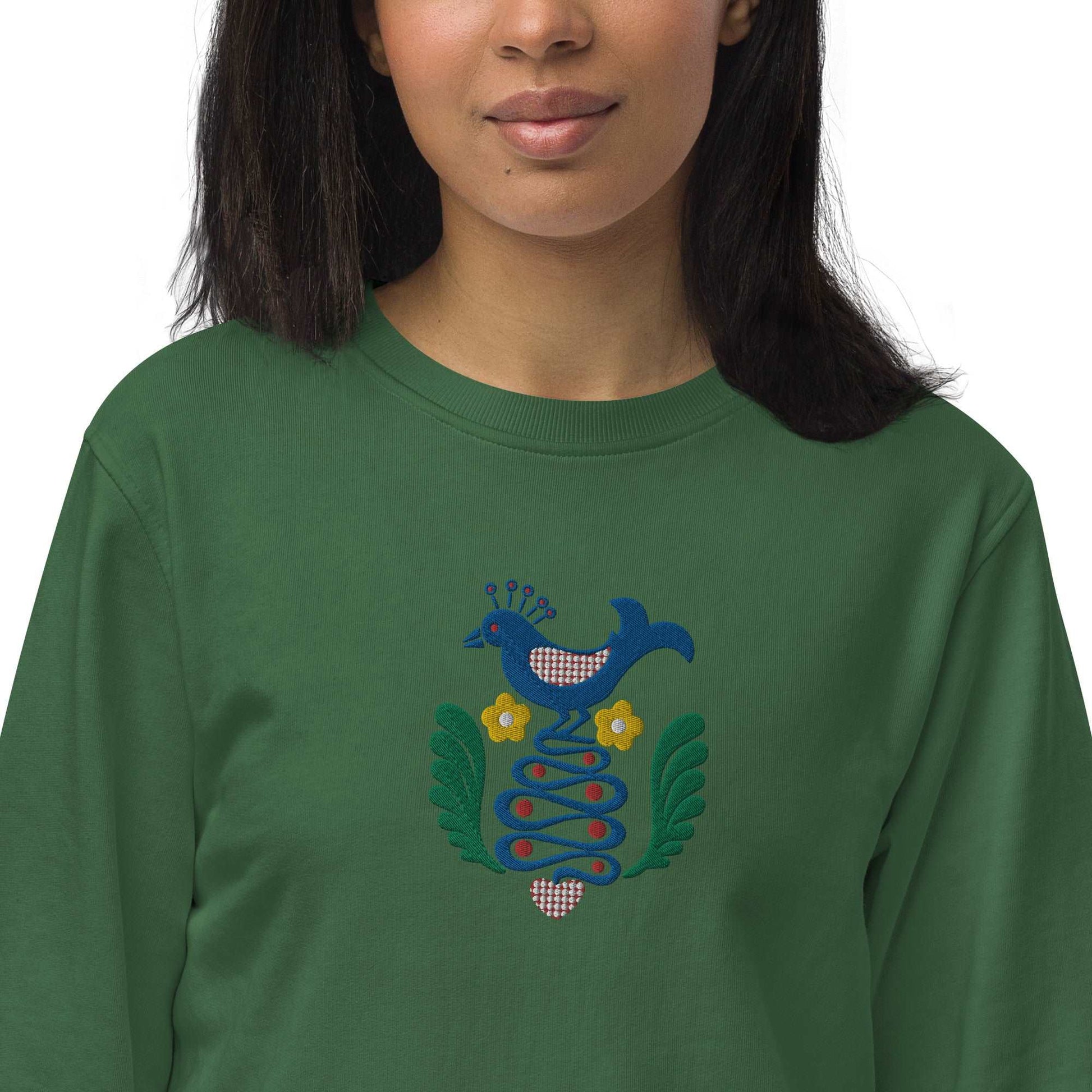 Folk Birds 1.1 - Unisex organic sweatshirt with large chest embroidery - Long Sleeve- Print N Stuff - [designed in Turku FInland]