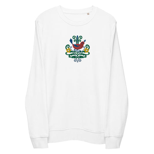 Folk Birds 1.3 - Unisex organic sweatshirt with large chest embroidery - Long Sleeve- Print N Stuff - [designed in Turku FInland]